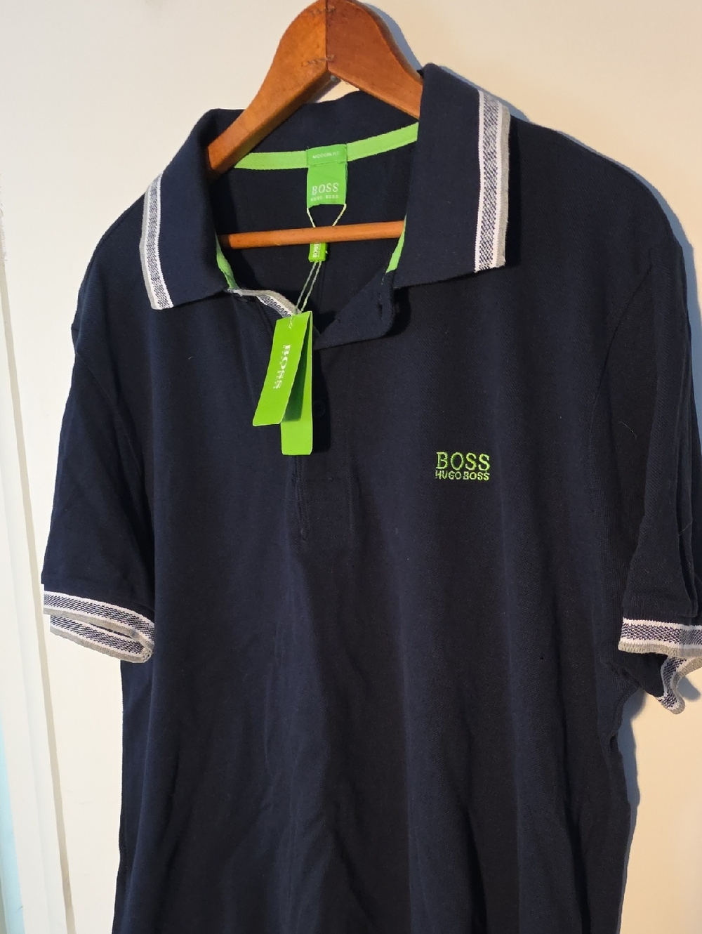NWT Hugo Boss Large Navy Polo with Lime Green Logo and Trim
